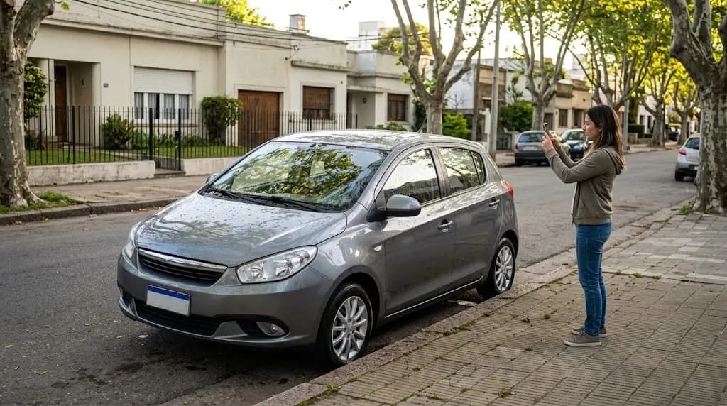 Mujer sacándole fotos a su auto usado recién lavado frente a su casa en un barrio de Montevideo