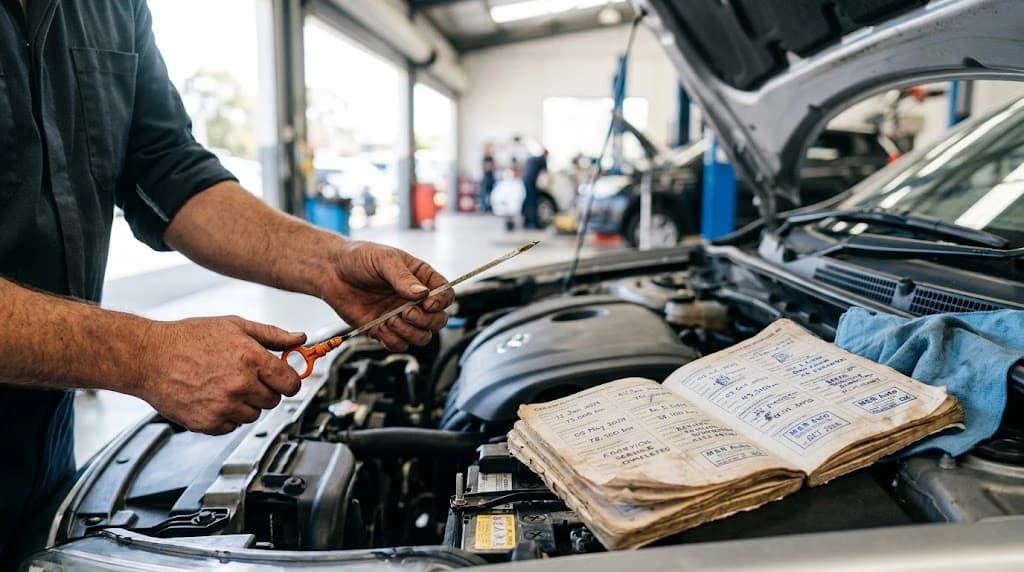 Mecánico revisando el aceite de un auto junto a la libreta de servicios