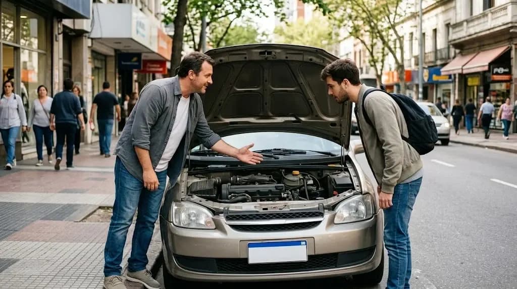 Vendedor mostrando su auto usado a un comprador en una calle concurrida de Montevideo, de día