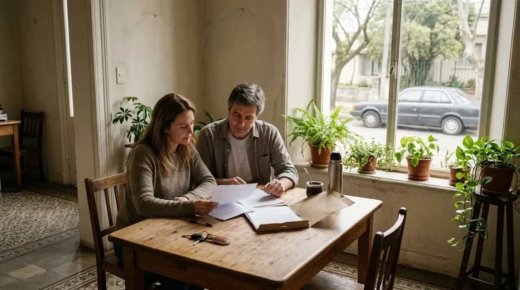 Dos hermanos revisando papeles de una sucesión en la mesa de la cocina, con las llaves de un auto y una carpeta de documentos