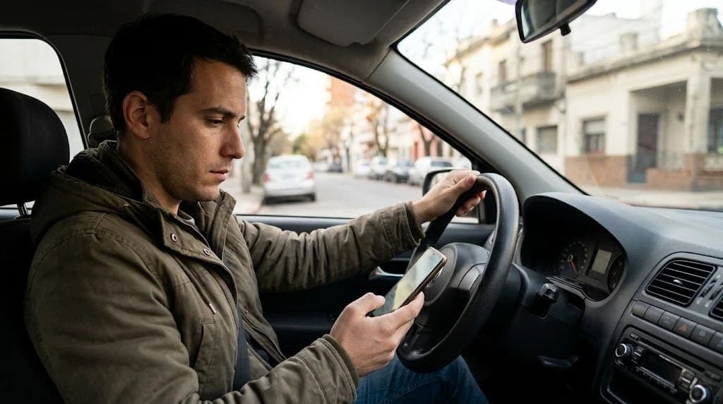 Hombre revisando en el celular el saldo de la financiación de su auto, sentado en el auto estacionado