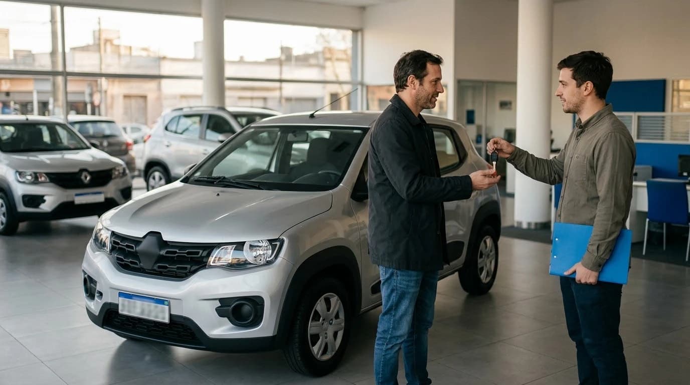 Un vendedor entrega las llaves de su auto usado en el salón de una automotora