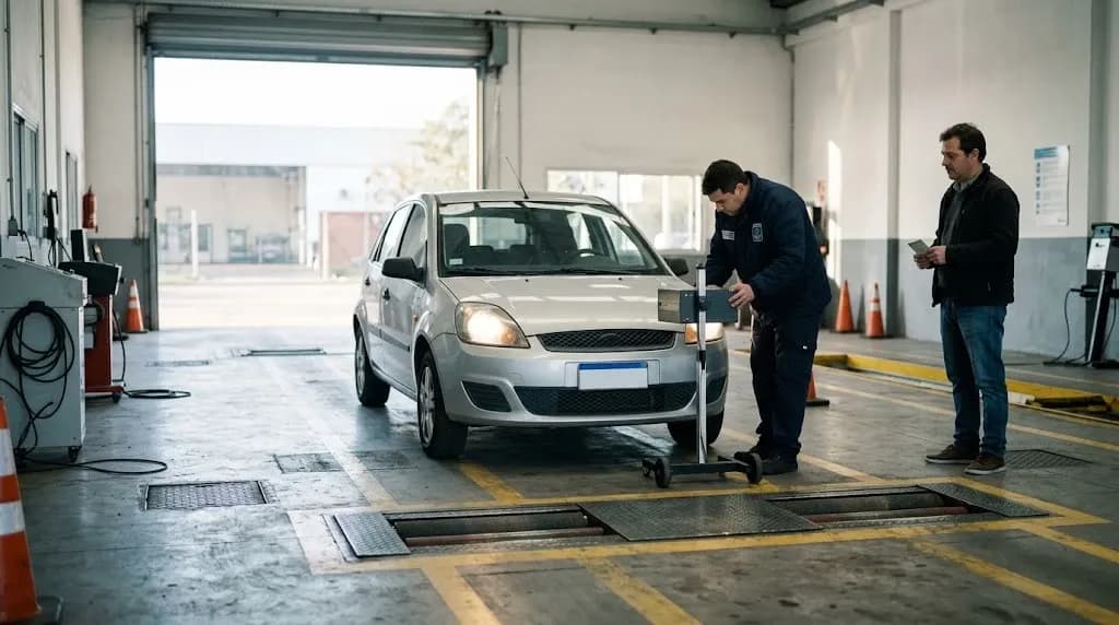 Auto en una estación de inspección técnica vehicular de Montevideo mientras un técnico revisa las luces delanteras
