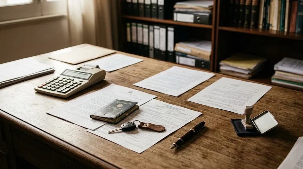 Calculadora, certificado SUCIVE, libreta de circulación y las llaves de un auto sobre un escritorio de escribanía