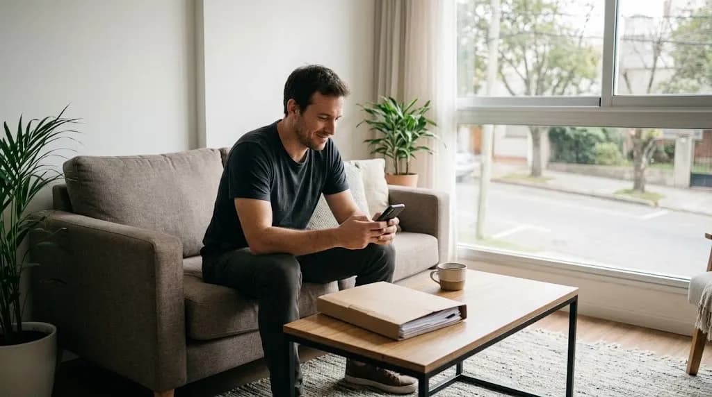 Hombre en el living revisando en el celular una consulta de SUCIVE, con una carpeta con la compraventa del auto sobre la mesa