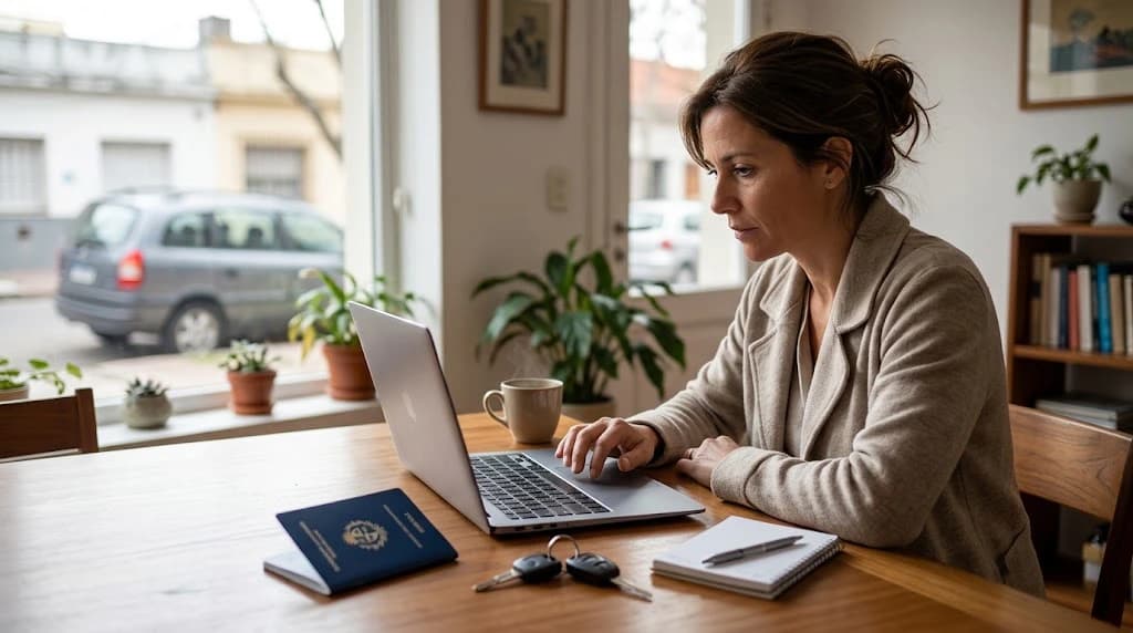 Mujer consultando en la laptop la deuda de patente de su auto, con documentos y las llaves sobre la mesa y el auto estacionado afuera