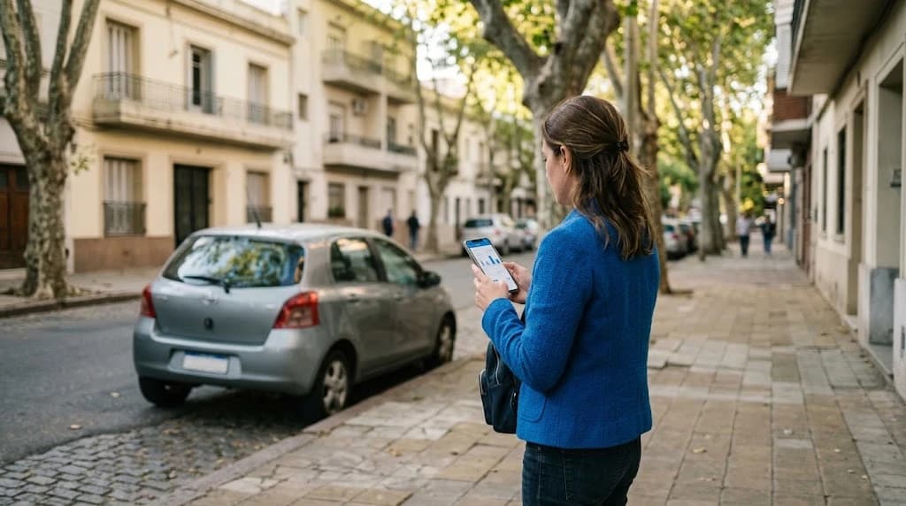 Mujer en una vereda arbolada de Montevideo comparando opciones en el celular junto a un auto usado estacionado