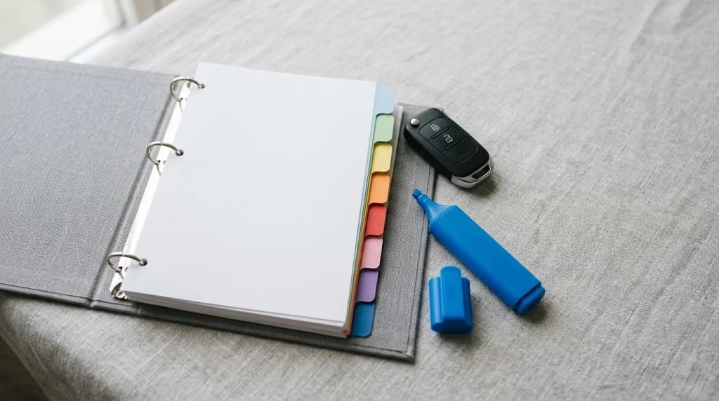Carpeta con fichas y separadores de colores, una llave de auto y un resaltador azul