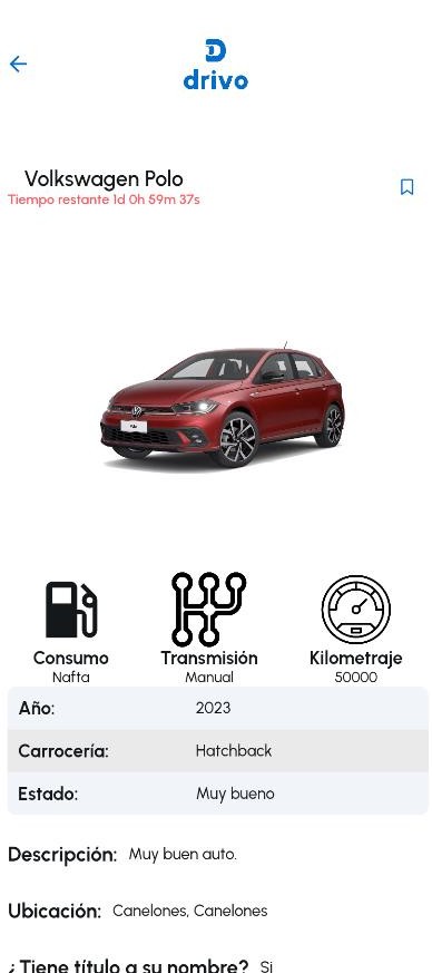 Captura de la app de Drivo mostrando la publicación de un vehículo